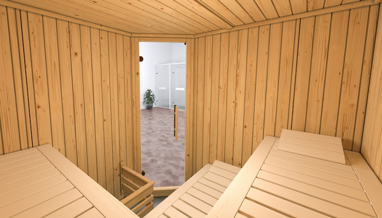 Weka Elementsauna Varberg 3 Trend Familiensauna mit Eckeinstieg & weiß lasierten Fronten - 68 mm