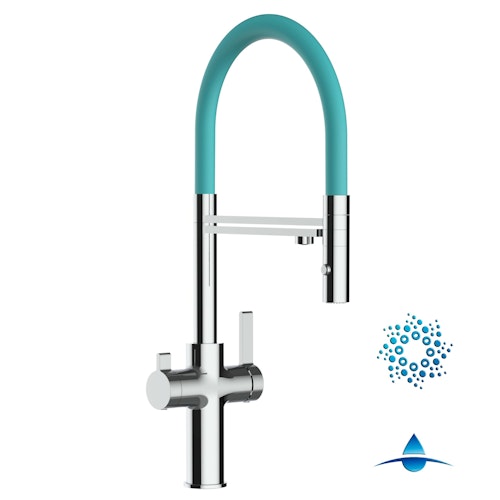 4 Wege Wasserhahn Küchenarmatur, FC, mit 360° schwenkbarem Auslauf, abnehmbare 2 strahl Handbrause, Verchromt / Türkis