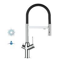 4 Wege Wasserhahn Küchenarmatur, BOD, mit 360° schwenkbarem Auslauf, abnehmbare 2 strahl Handbrause, Verchromt / Schwarz