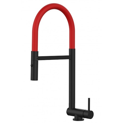 Wasserhahn Vorfenster Küchenarmatur, Umklappbar 4,5 CM, mit 360° schwenkbarem Auslauf, abnehmbare 2 strahl Handbrause, Schwarz Matt / Rot