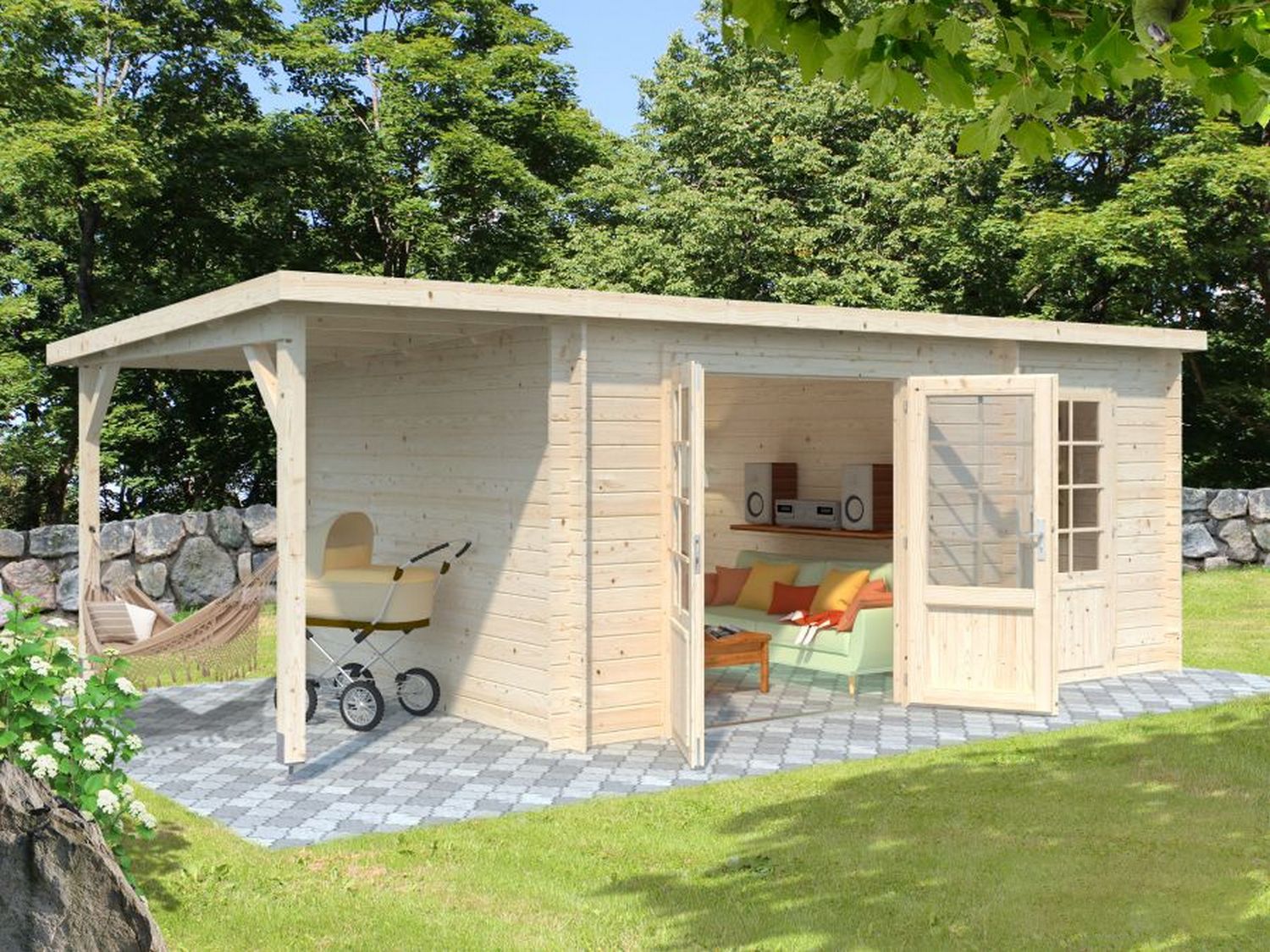 Palmako Gartenhaus Ella 13,1 m² Zweiraumhaus inkl. 3,9 m² Anbau - 28 mm