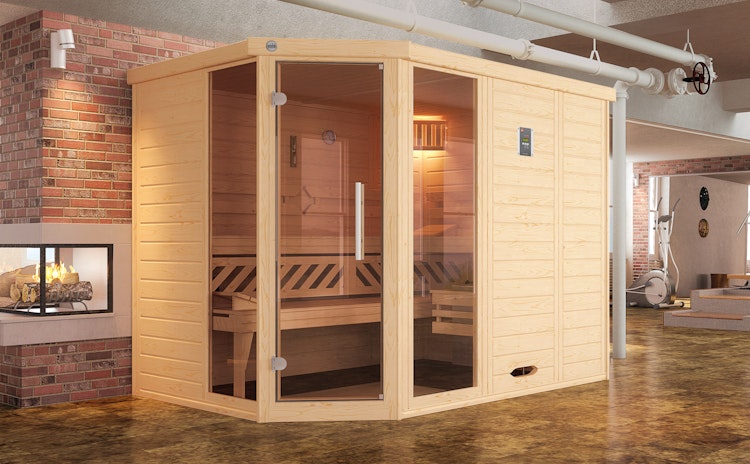 Weka Premium Massivholz-Elementsauna Kemi Eck 2 mit Glastür/Fenster inkl. Komfortpaket - 45 mm