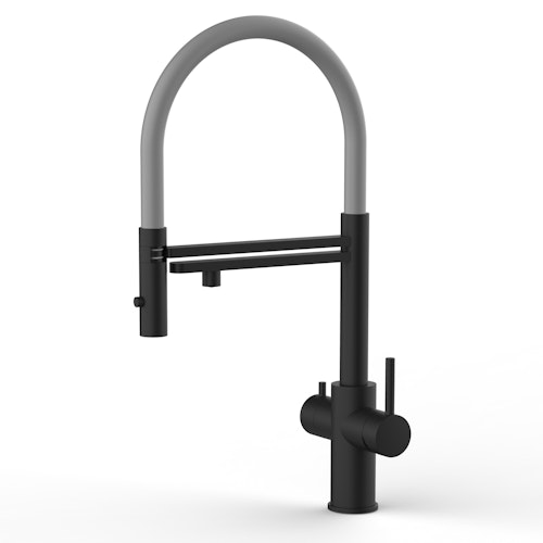 5 Wege Wasserhahn Küchenarmatur, Edelstahl Massiv mit 360° schwenkbarem Auslauf, abnehmbare 2 strahl Handbrause, PVD Schwarz Matt / Grau
