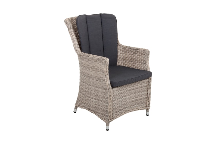 Garden Pleasure Gartenmöbel Set DIJON I, Tisch 200 x 100 + 4 Sessel, Polyrattan Sesamgrau / Glasplatte / Kissen 100 % Polyester Dunkelgrau
