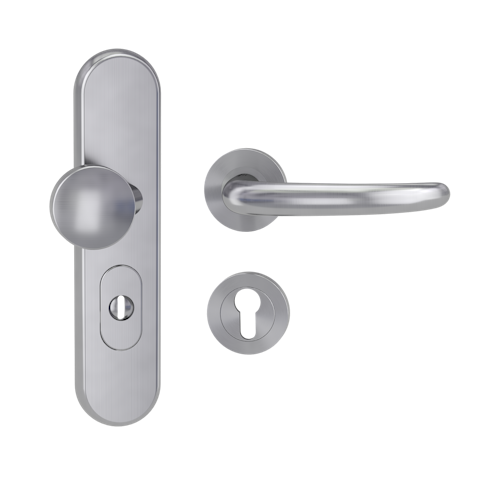 Griffwerk TITANO Kombi SB_882 ES1 (S2) -Edelstahl matt Kombi-Schutzbeschlag -Knopf/Drücker -mit Griff DESM ULMER GRIFF PROF-EM-rund-R-ZA, 72mm -TS 38-50