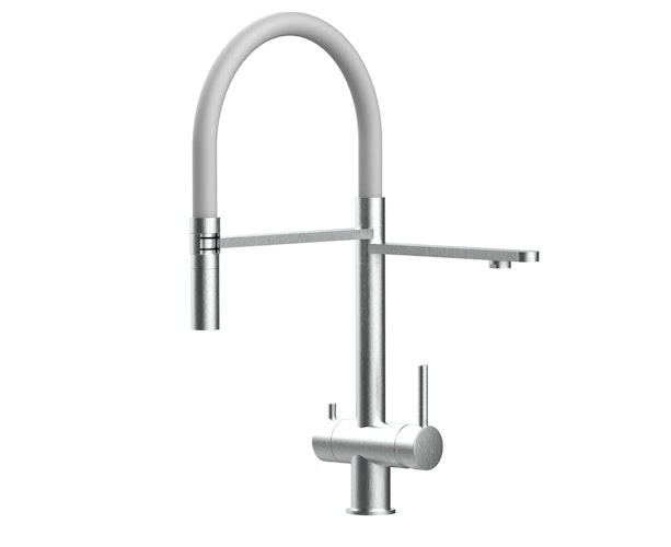 3 Wege Wasserhahn Küchenarmatur, Edelstahl Massiv mit 360° schwenkbarem Auslauf, abnehmbare 2 strahl Handbrause, Gebürstet / Grau
