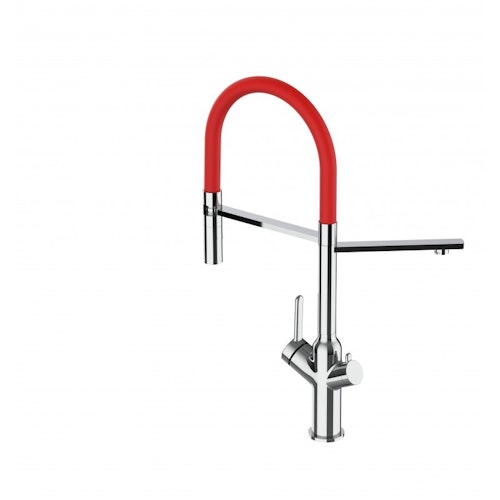 3 Wege Wasserhahn Küchenarmatur, BOD, mit 360° schwenkbarem Auslauf, abnehmbare 2 strahl Handbrause, Verchromt / Rot