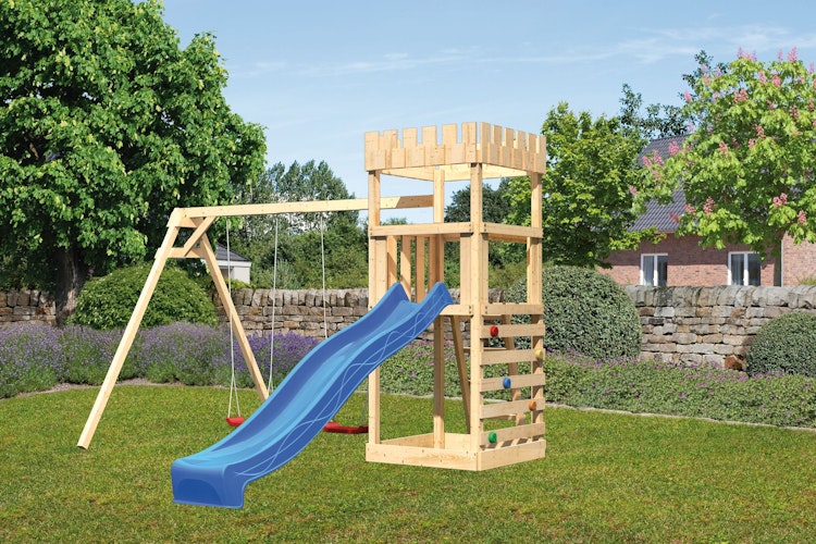 Akubi Kinderspielturm Ritterburg Löwenherz inkl. Wellenrutsche, Doppelschaukelanbau und Kletterwand