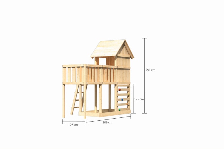 Akubi Stelzenhaus Frieda mit Anbauplattform und Kletterwand