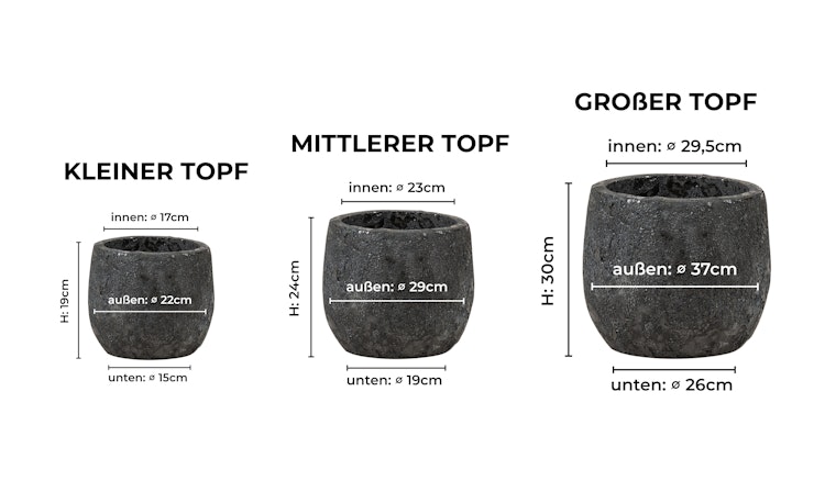 Vosteen Design Blumentopf / Pflanzgefäß Terrakotta schwarz 3er Set ø 22 cm x H 19 cm, 28 cm x H 24 cm,  37 cm x H 30 cm