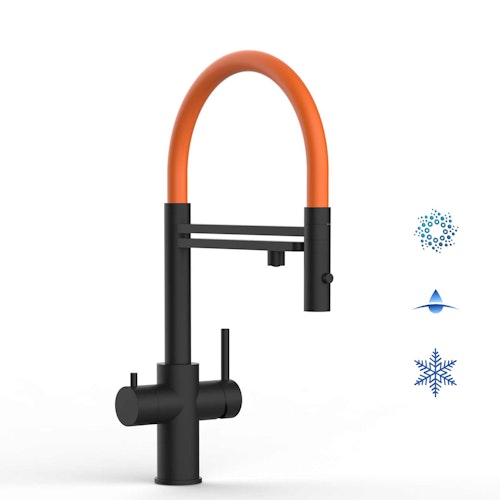 Kurzversion 47 cm - 5 Wege Wasserhahn Küchenarmatur, Edelstahl Massiv mit 360° schwenkbarem Auslauf, abnehmbare 2 strahl Handbrause, PVD Schwarz Matt / Orange