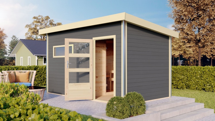 Karibu Saunahaus Skrollan 3 mit Vorraum terragrau (Rechteckfenster) inkl. gratis Sauna-Zubehörset im Wert von 234,94 €