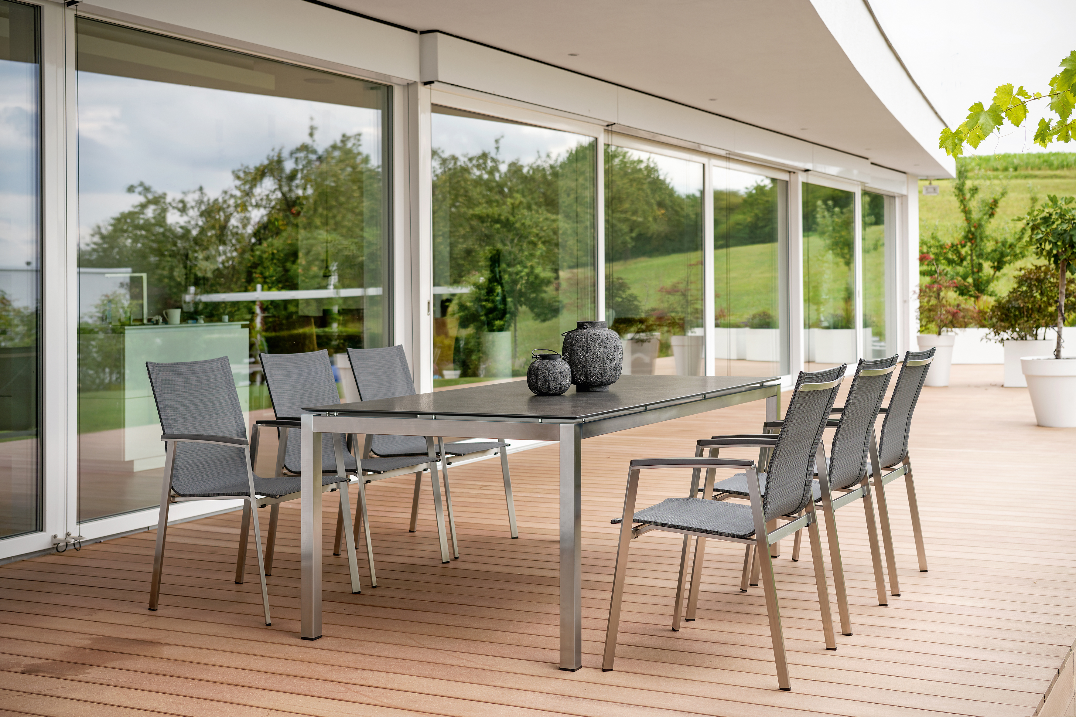 STERN Gartenmöbel-Set NEW TOP, Tisch 200 x 100 + 6 Stapelsessel, Edelstahl / HPL Silverstar