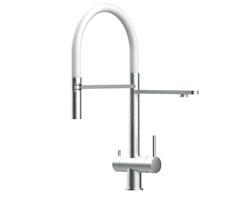 3 Wege Wasserhahn Küchenarmatur, Edelstahl Massiv mit 360° schwenkbarem Auslauf, abnehmbare 2 strahl Handbrause, Gebürstet / Weiß