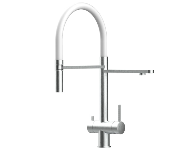 3 Wege Wasserhahn Küchenarmatur, Edelstahl Massiv mit 360° schwenkbarem Auslauf, abnehmbare 2 strahl Handbrause, Gebürstet / Weiß