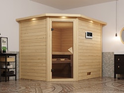 Karibu Sauna Tanami - Massivholzsauna mit Eckeinstieg 38 mm inkl. gratis Saunaofen im Wert von 599,99 €