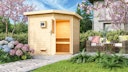 Vorschaubild Karibu Gartensauna Pultdach Saunahaus Mikka mit Eckeinstieg naturbelassen inkl. gratis Sauna-Zubehörset im Wert von 234,94 €