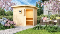 Karibu Gartensauna Pultdach Saunahaus Mikka mit Eckeinstieg naturbelassen inkl. gratis Sauna-Zubehörset im Wert von 234,94 €