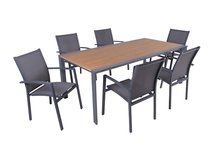 Garden Pleasure Gartenmöbel Set SILEA / ELENA 02, Tisch 200 x 100 + 6 Stapelsessel, Aluminium / Nonwood / Kunststoffgewebe