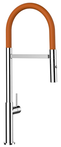 Minimalistischer Wasserhahn Küchenarmatur, TECNO, mit 360° schwenkbarem Auslauf, abnehmbare 2 strahl Handbrause, Verchromt / Orange