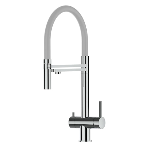 3 Wege Wasserhahn Küchenarmatur, Edelstahl Massiv mit 360° schwenkbarem Auslauf, abnehmbare 2 strahl Handbrause, Hochglanz / Grau