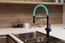 Vorschaubild 3 Wege Wasserhahn Küchenarmatur, BOD, mit 360° schwenkbarem Auslauf, abnehmbare 2 strahl Handbrause, Schwarz Matt / Türkis