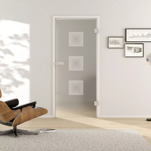 Griffwerk Glasdrehtür (ESG) DECO 657 ESG PURE WHITE matt 834x1972x8mm Studio/Office DIN R