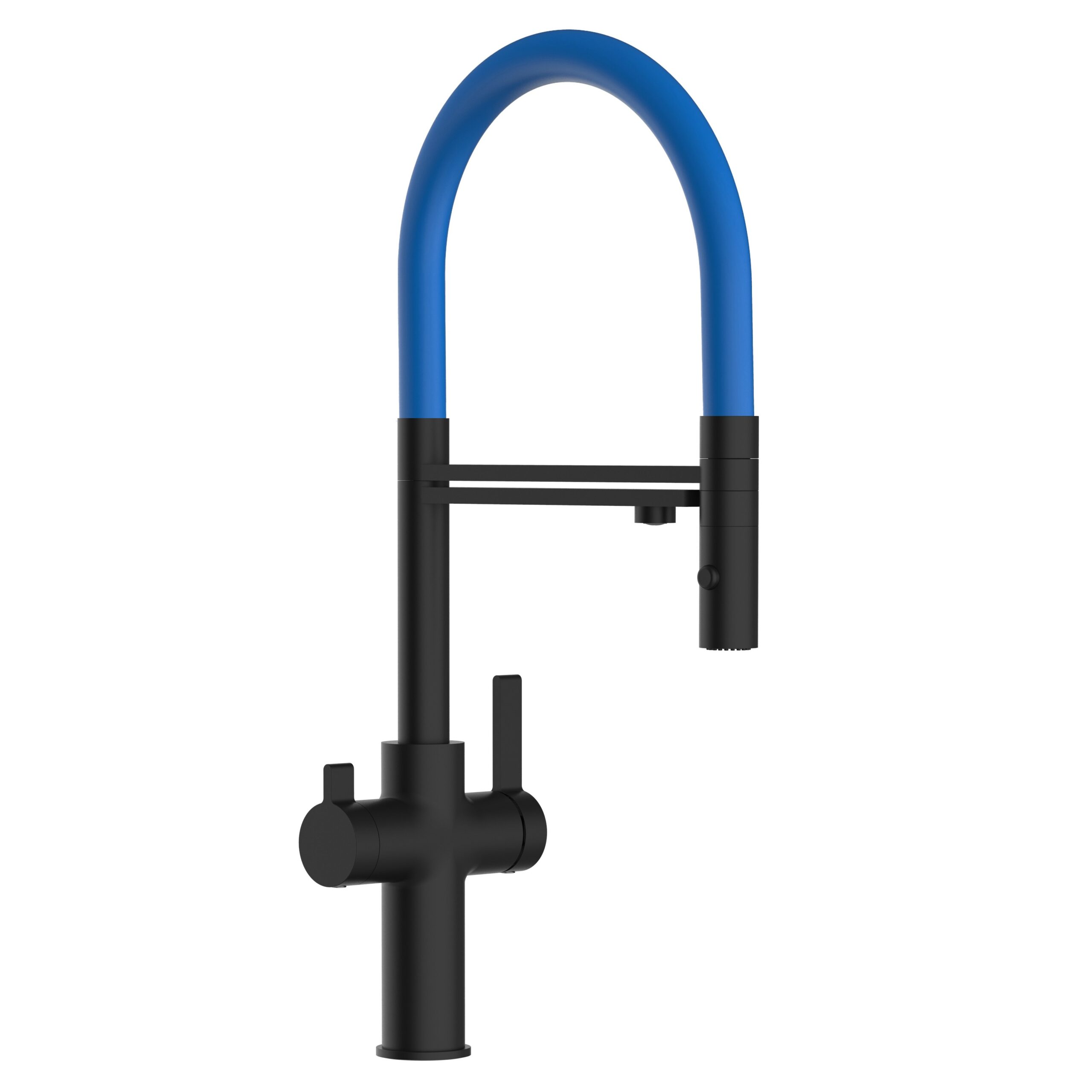 3 Wege Wasserhahn Küchenarmatur, FC, mit 360° schwenkbarem Auslauf, abnehmbare 2 strahl Handbrause, Schwarz Matt / Blau