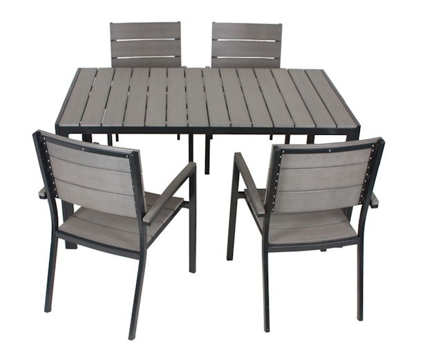 Garden Pleasure Gartenmöbel Set OLIVIA, Tisch 150 x 90 + 4 Stapelsessel, Aluminium Eisengrau/ Nonwood Hellgrau