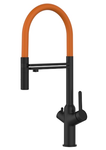 4 Wege Wasserhahn Küchenarmatur, BOD, mit 360° schwenkbarem Auslauf, abnehmbare 2 strahl Handbrause, Schwarz Matt / Orange