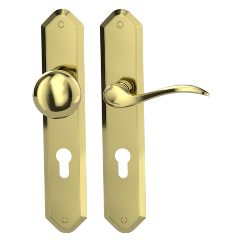 Griffwerk AMADEUS -Messing Optik Langschild-Garnitur -sichtbar verschraubt -Knopf R21 -WR -TS 40-45mm