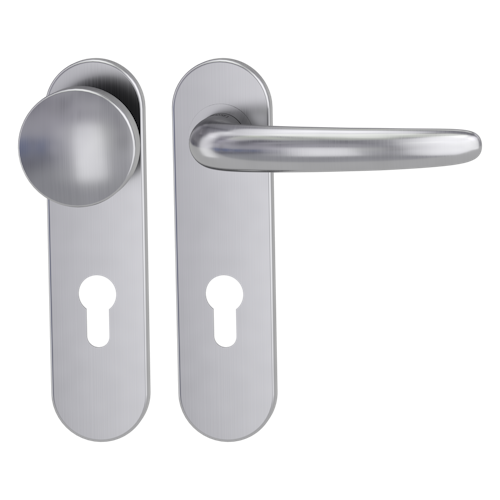 Griffwerk ULMER GRIFF PROF | DESIGN MANUFAKTUR FS -Edelstahl matt -Kurzschild-Garnitur -Schraubt. -Knopf R2 -WR -Stift 9mm -TS 38-50mm