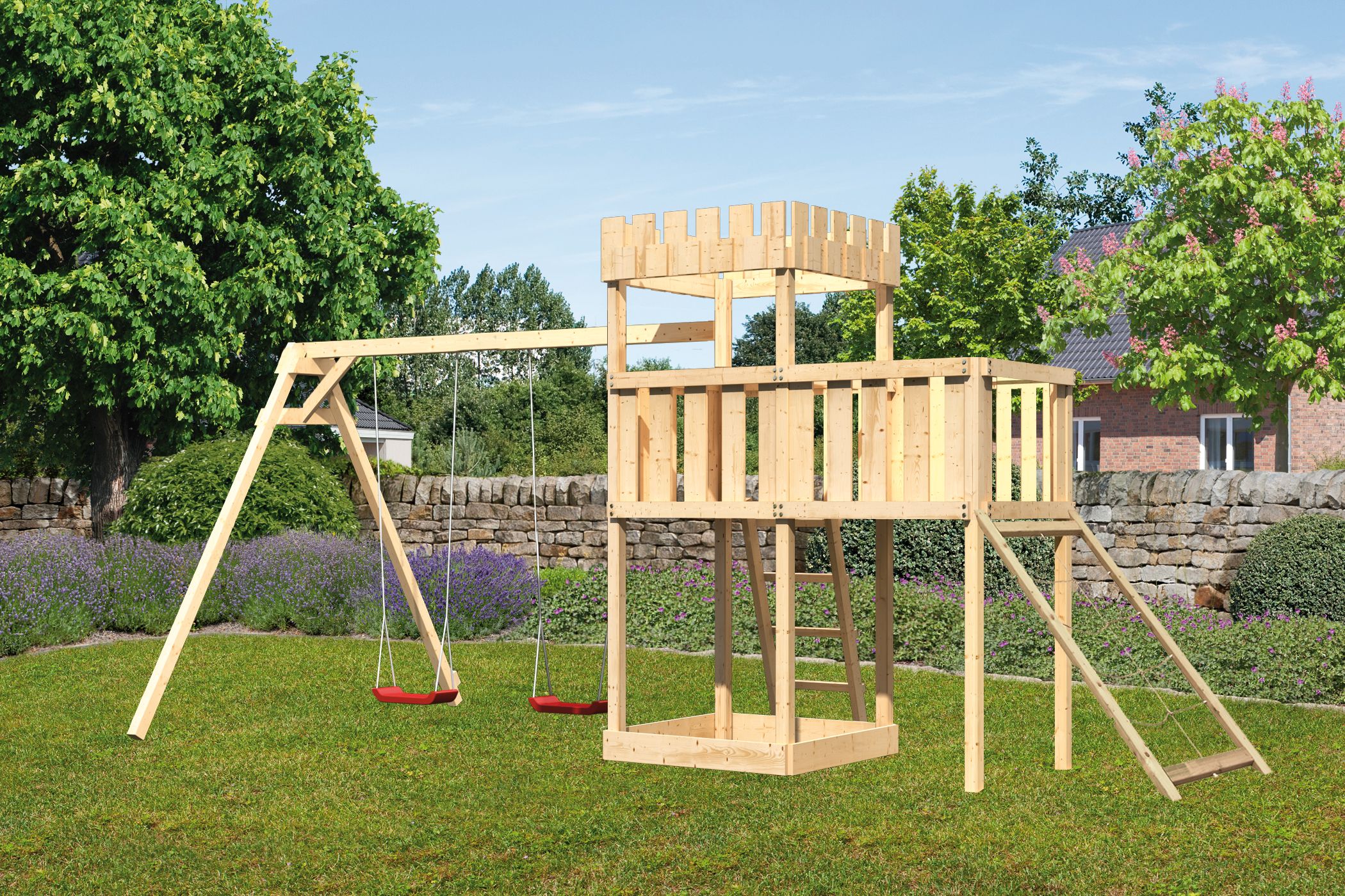 Akubi Kinderspielturm Ritterburg Löwenherz inkl. Doppelschaukelanbau, Anbauplattform und Netzrampe