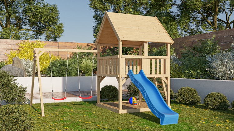 Akubi Kinderspielturm Luis inkl. Wellenrutsche und Doppelschaukelanbau (Set B)