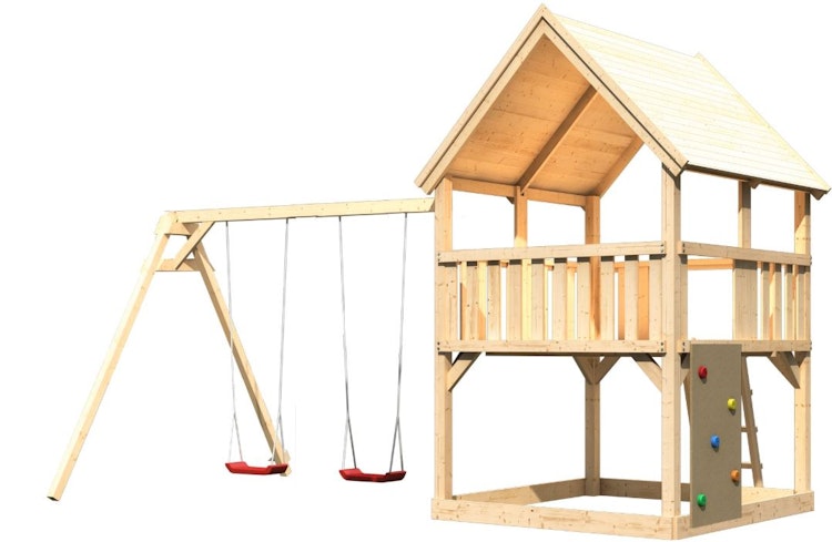 Akubi Kinderspielturm Luis mit Doppelschaukelanbau inkl. Kletterwand