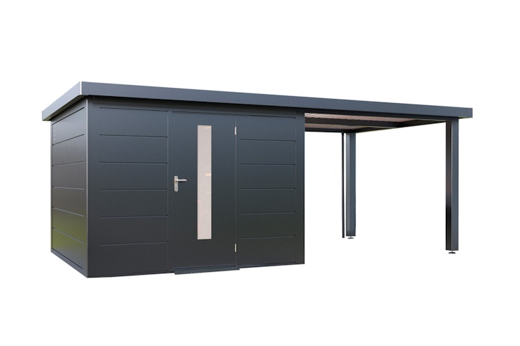Wolff Finnhaus Premium Metall Gartenhaus Thorin 6030 Anthrazit inkl. 300 cm Anbaudach