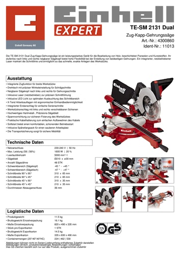 Einhell Zug-Kapp-Gehrungssäge TE-SM 2131 Dual 4300860