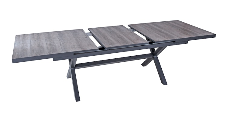 Garden Pleasure Gartenmöbel Set RANA / SILEA 02, Ausziehtisch 200/260 x 100 + 6 Stapelsessel, Alu Anthrazit / Keramik Silbereiche / Kunststoffgewebe Dunkelgrau