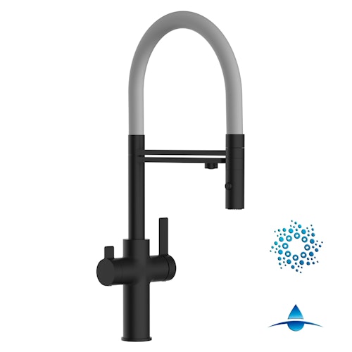 4 Wege Wasserhahn Küchenarmatur, FC, mit 360° schwenkbarem Auslauf, abnehmbare 2 strahl Handbrause, Schwarz Matt / Grau