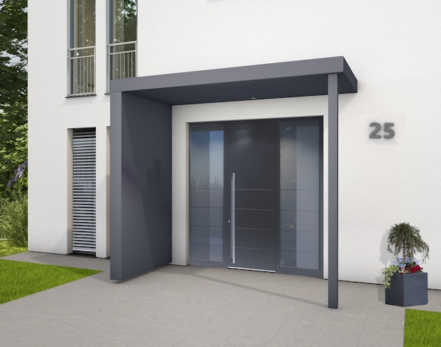 Gutta Rechteckvordach BS Plus XL 250 Sonderfarbe mit Pfosten, Seitenteil & Briefkasten (neues Modell)