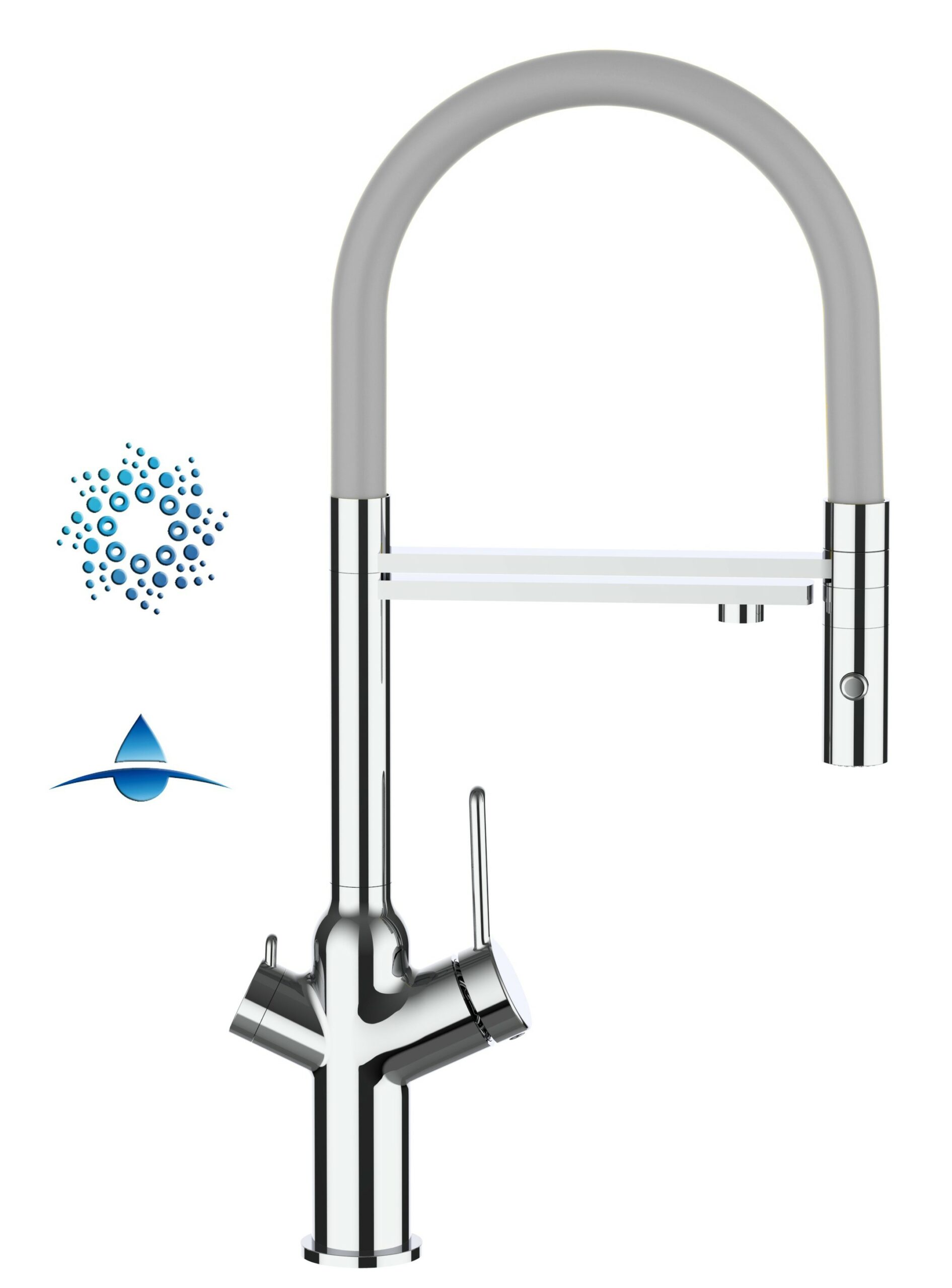 4 Wege Wasserhahn Küchenarmatur, BOD, mit 360° schwenkbarem Auslauf, abnehmbare 2 strahl Handbrause, Verchromt / Grau