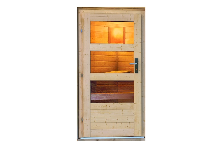 Karibu moderne Türe für Außensauna mit Klarglas-Lichtausschnitten