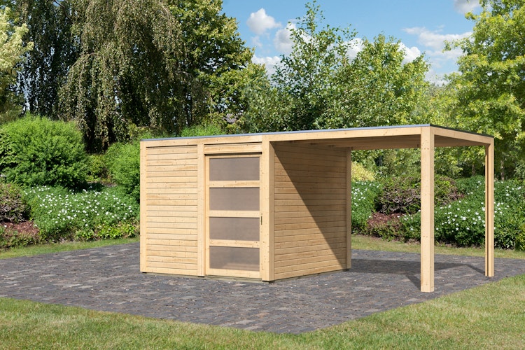 Karibu Gartenhaus Qubic 1 mit Schiebetür und 240 cm Anbaudach - 19 mm