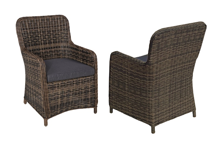 Garden Pleasure Gartenmöbel Set BORDEAUX I, Tisch 200 x 100 + 4 Sessel, Polyrattan Nelkenbraun / Glasplatte / Kissen 100 % Polyester Dunkelgrau