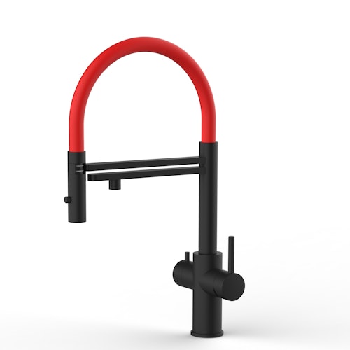 Kurzversion 47 cm - 5 Wege Wasserhahn Küchenarmatur, Edelstahl Massiv mit 360° schwenkbarem Auslauf, abnehmbare 2 strahl Handbrause, PVD Schwarz Matt / Rot