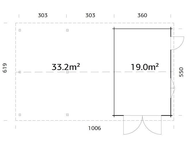 Palmako Garage Roger 19,0 + 33,2 m² - 44 mm - mit Holztor