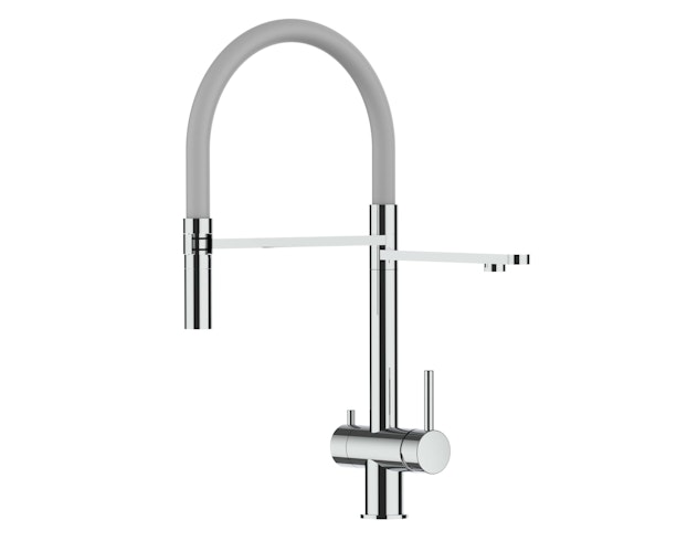 3 Wege Wasserhahn Küchenarmatur, Edelstahl Massiv mit 360° schwenkbarem Auslauf, abnehmbare 2 strahl Handbrause, Hochglanz / Grau