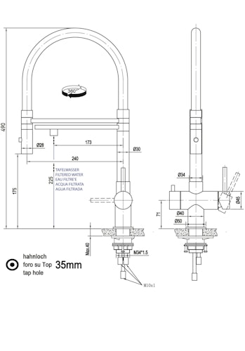 NIEDERDRUCK 3 Wege Wasserhahn Küchenarmatur, Edelstahl Massiv mit 360° schwenkbarem Auslauf, abnehmbare 2 strahl Handbrause, Gebürstet / Gelb