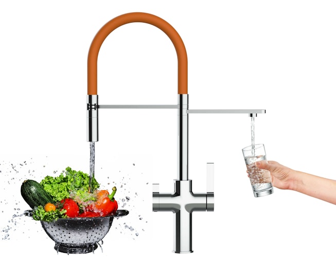 3 Wege Wasserhahn Küchenarmatur, FC, mit 360° schwenkbarem Auslauf, abnehmbare 2 strahl Handbrause, Verchromt / Orange