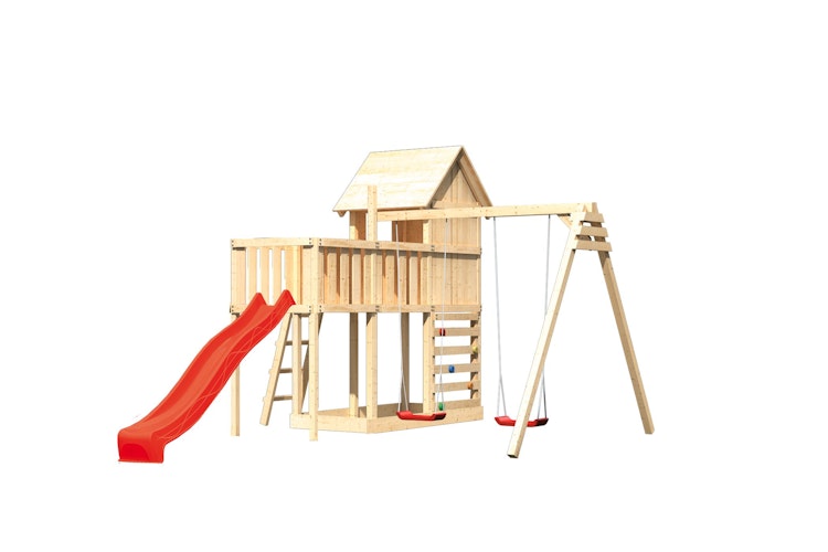 Akubi Stelzenhaus Frieda mit Wellenrutsche, Doppelschaukelanbau, Anbauplattform und Kletterwand